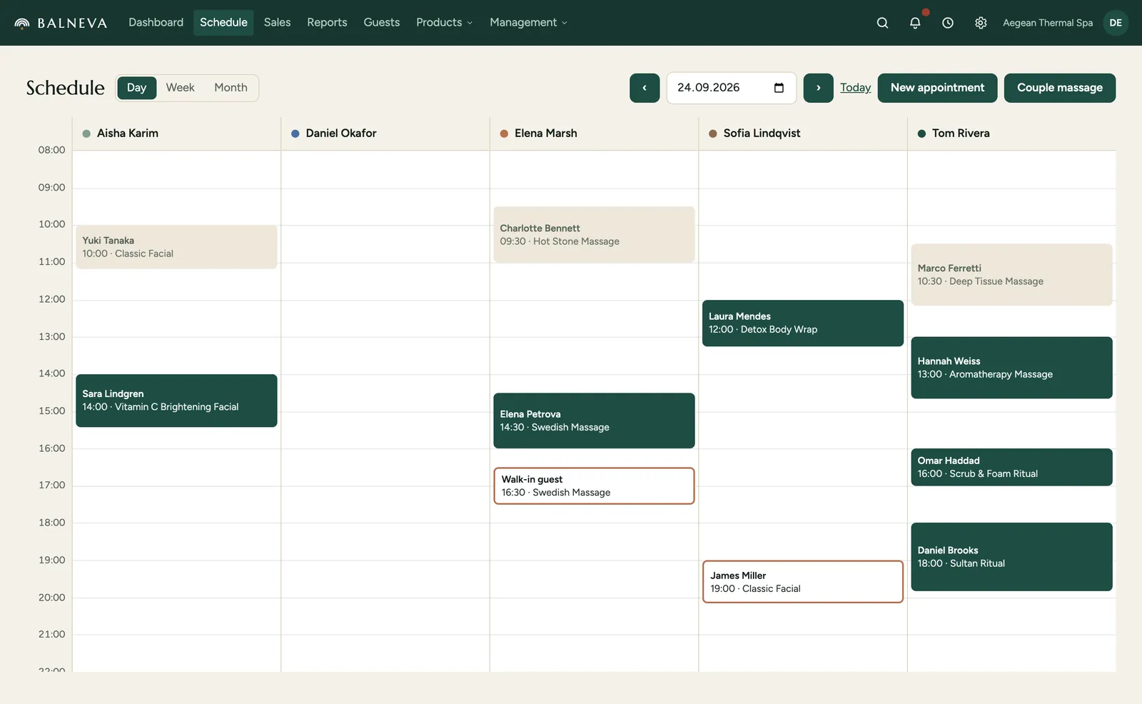 The Balneva calendar: one column per team member, appointment cards across the working day.